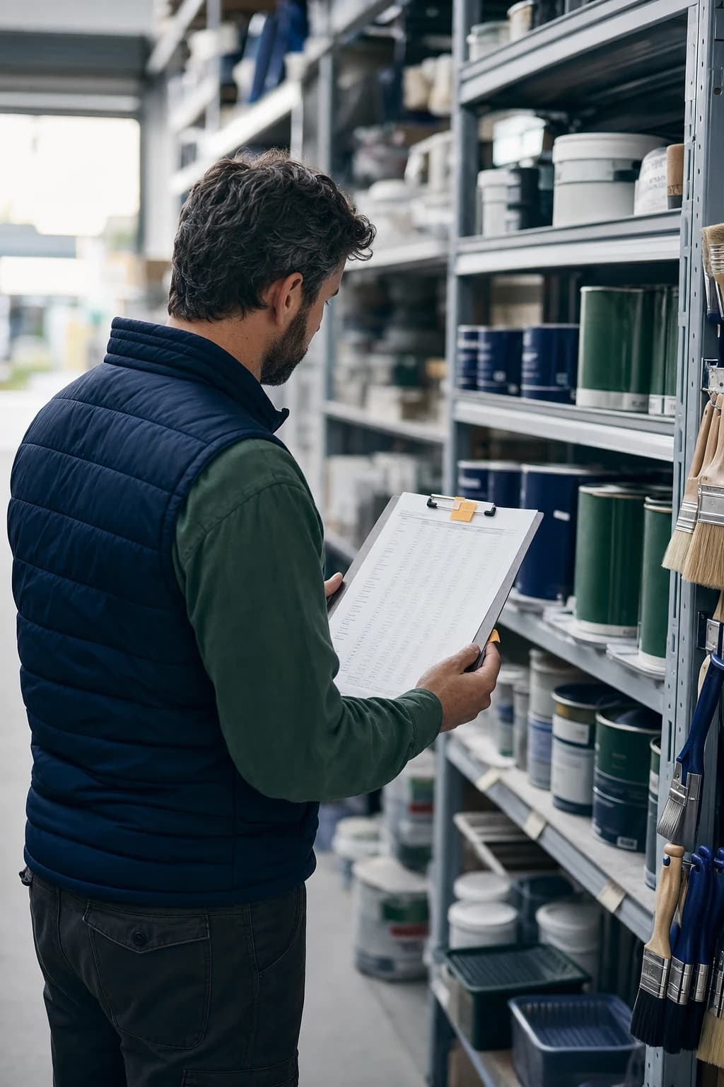 A retail operations manager reviewing a count sheet in a hardware stockroom